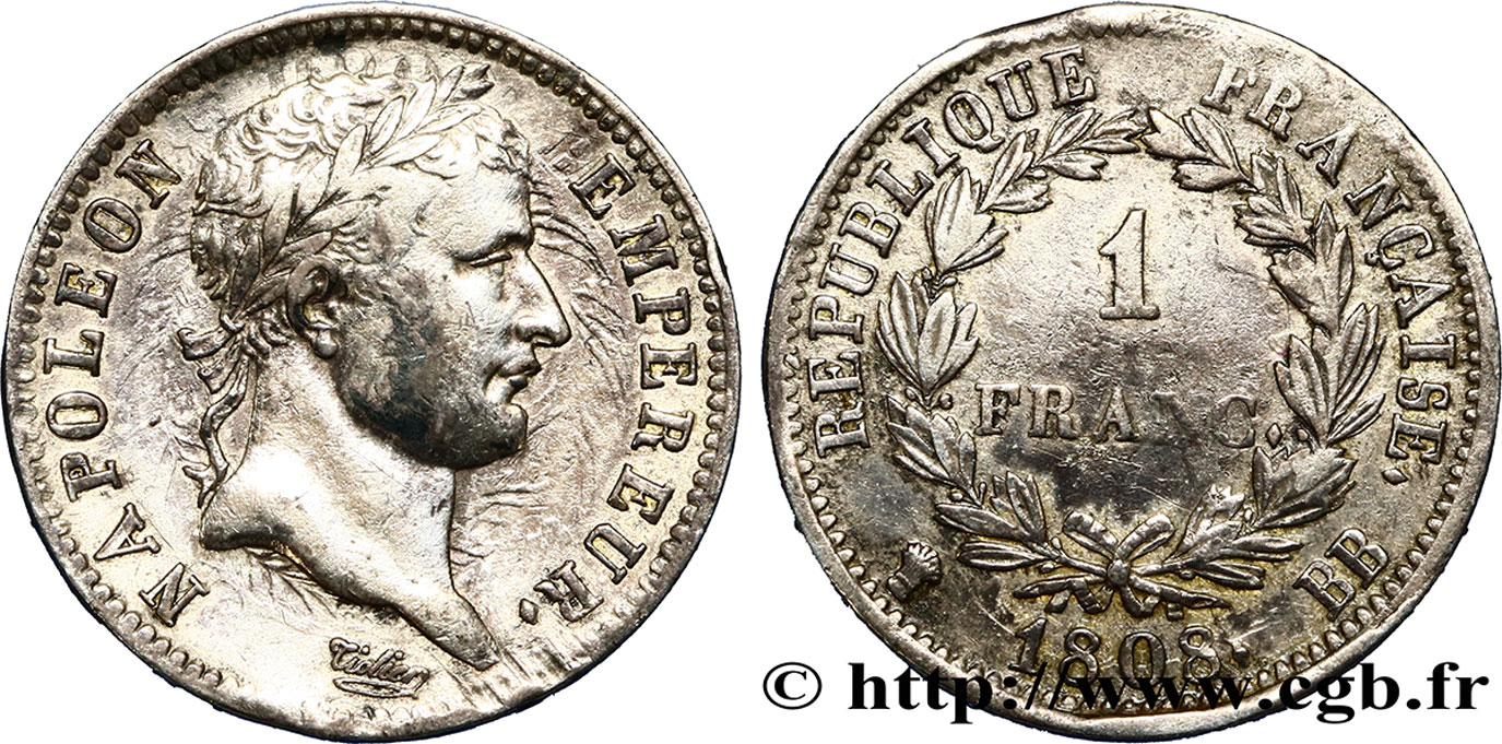 1 franc Napoléon Ier tête laurée, République française 1808 Strasbourg F.204/4 BC+ 