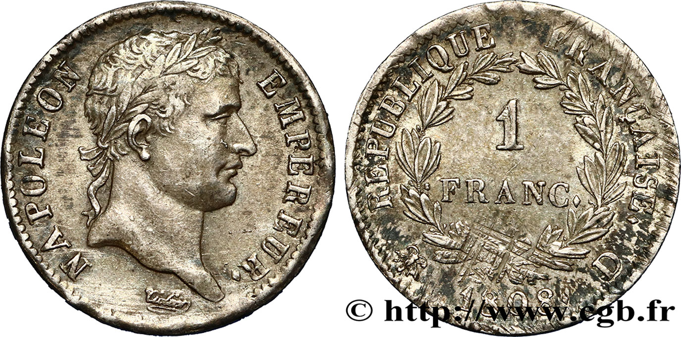 1 franc Napoléon Ier tête laurée, République française 1808 Lyon F.204/5 TTB42 