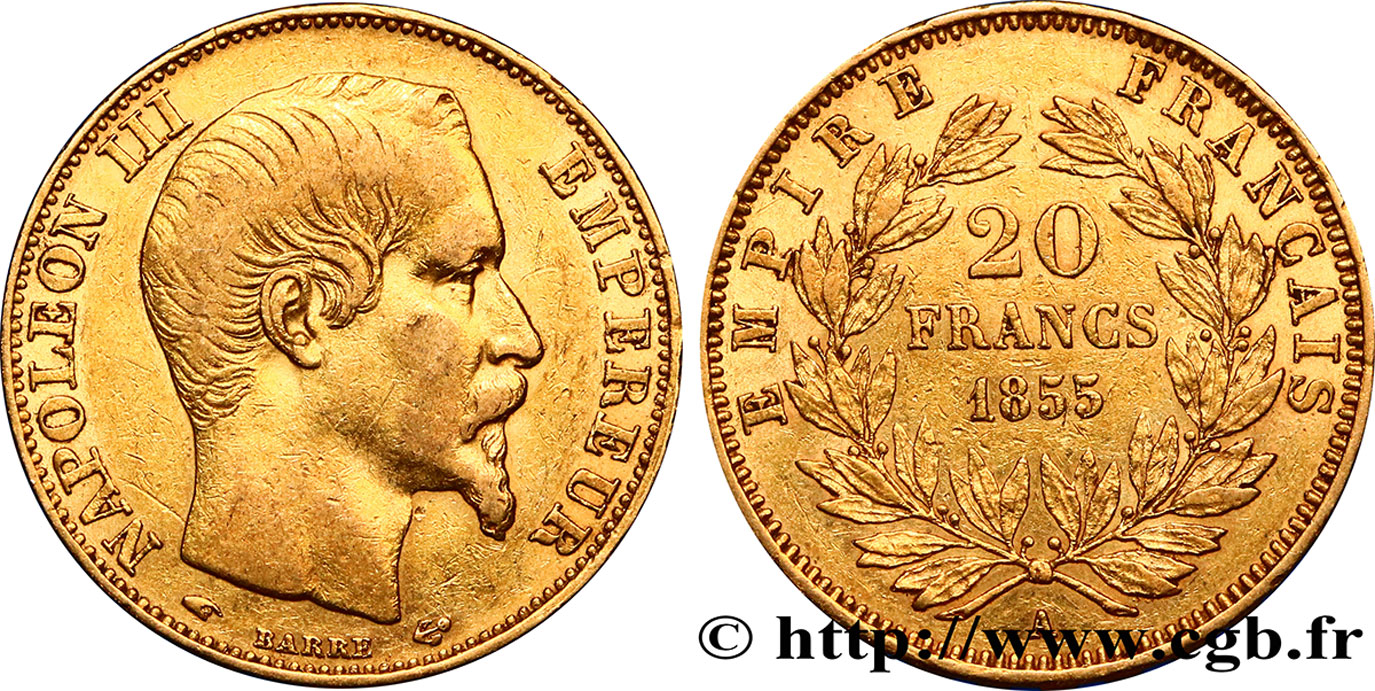 20 francs or Napoléon III, tête nue 1855 Paris F.531/4 TTB40 