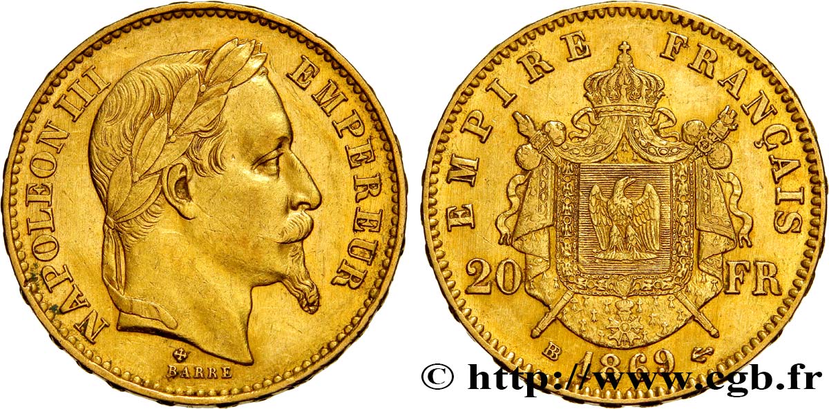 20 francs or Napoléon III, tête laurée, grand BB 1869 Strasbourg F.532/22 AU50 