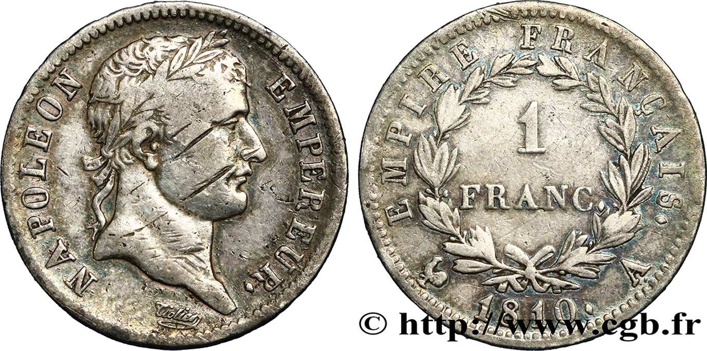 1 franc Napoléon Ier tête laurée, Empire français 1810 Paris F.205/12 VF 