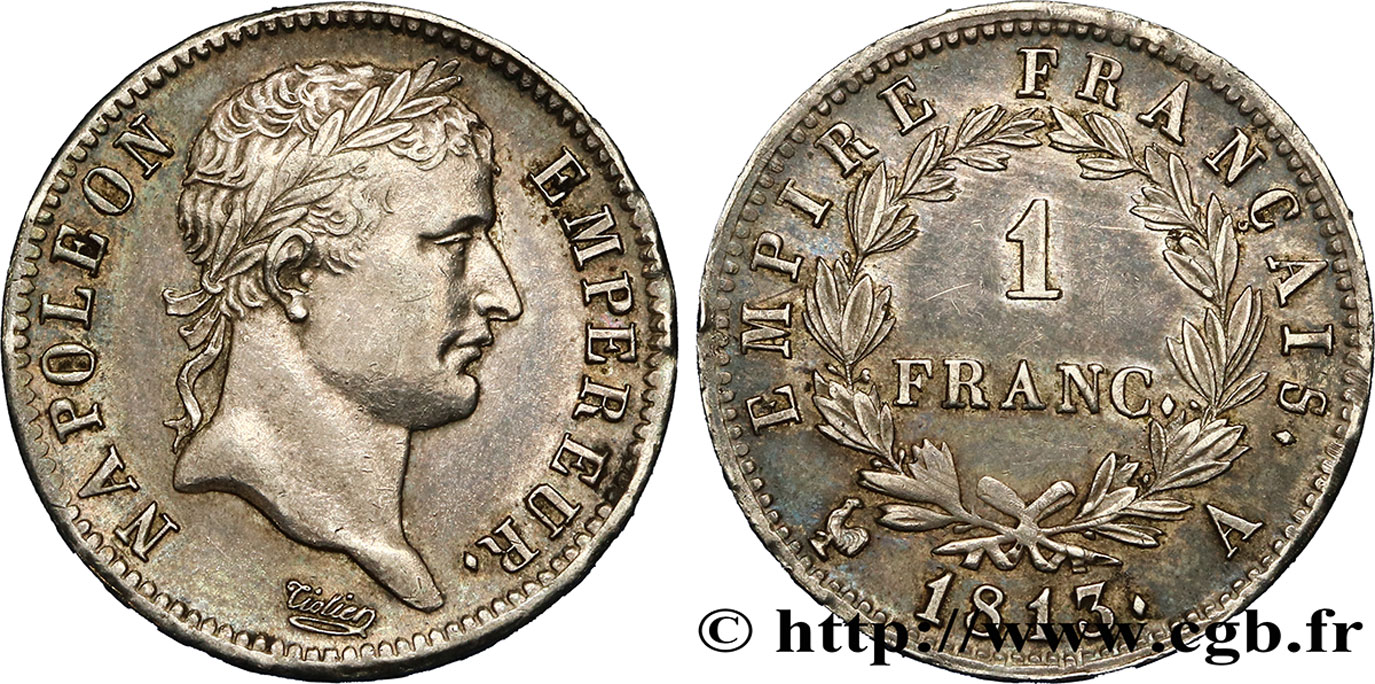 1 franc Napoléon Ier tête laurée, Empire français 1813 Paris F.205/58 AU58 