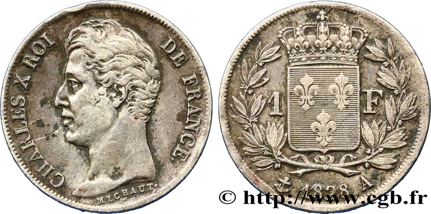 1 franc Charles X, matrice du revers à cinq feuilles 1828 Paris F.207/37 SS45 