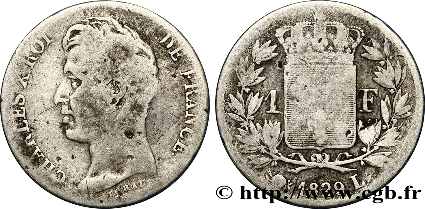 1 franc Charles X, matrice du revers à cinq feuilles 1829 Bayonne F.207/52 VG10 