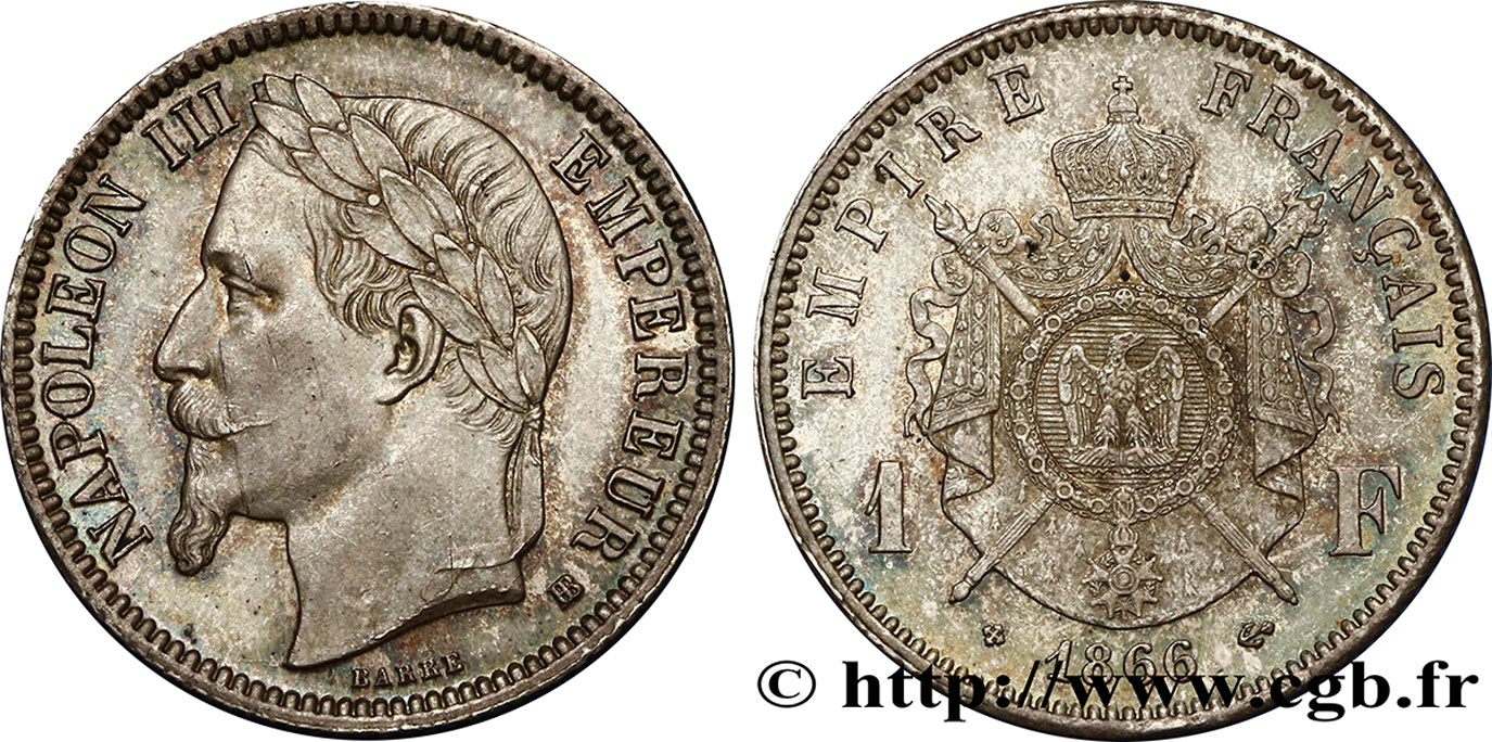 1 franc Napoléon III, tête laurée 1866 Strasbourg F.215/4 VZ58 