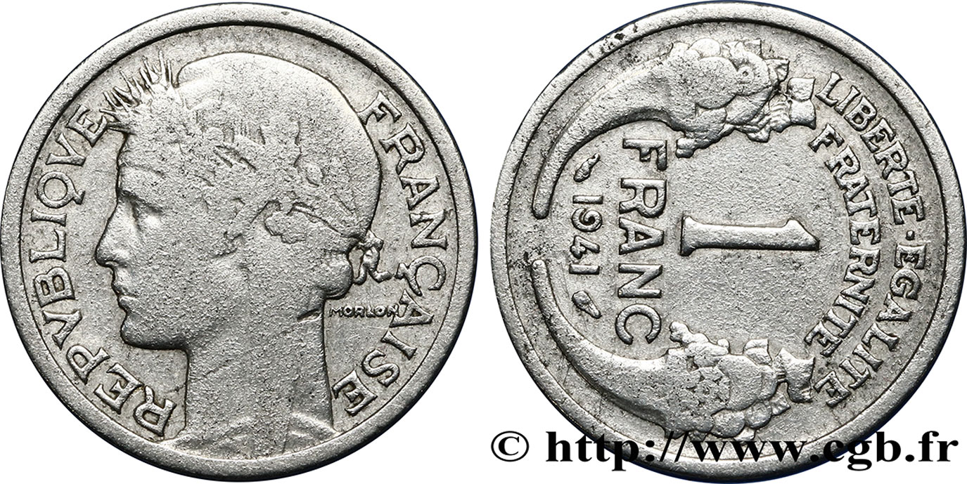 1 franc Morlon, lourde, Fautée : axe à 3h 1941 Paris F.220/2 var. BC 