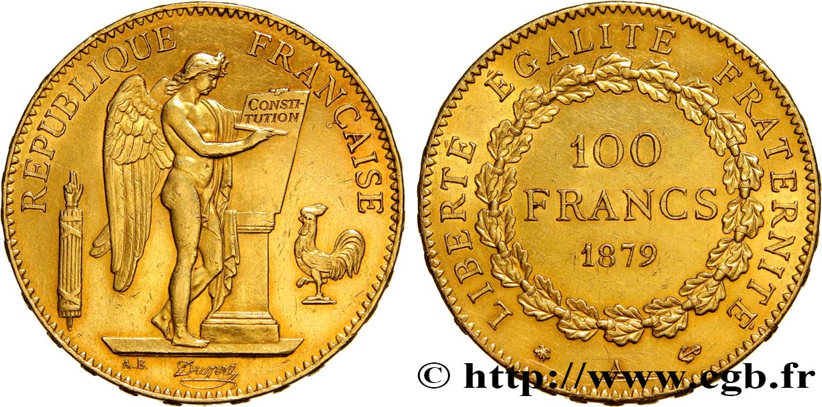 100 francs or Génie, tranche inscrite en relief Dieu protège la France 1879 Paris F.552/2 SUP58 