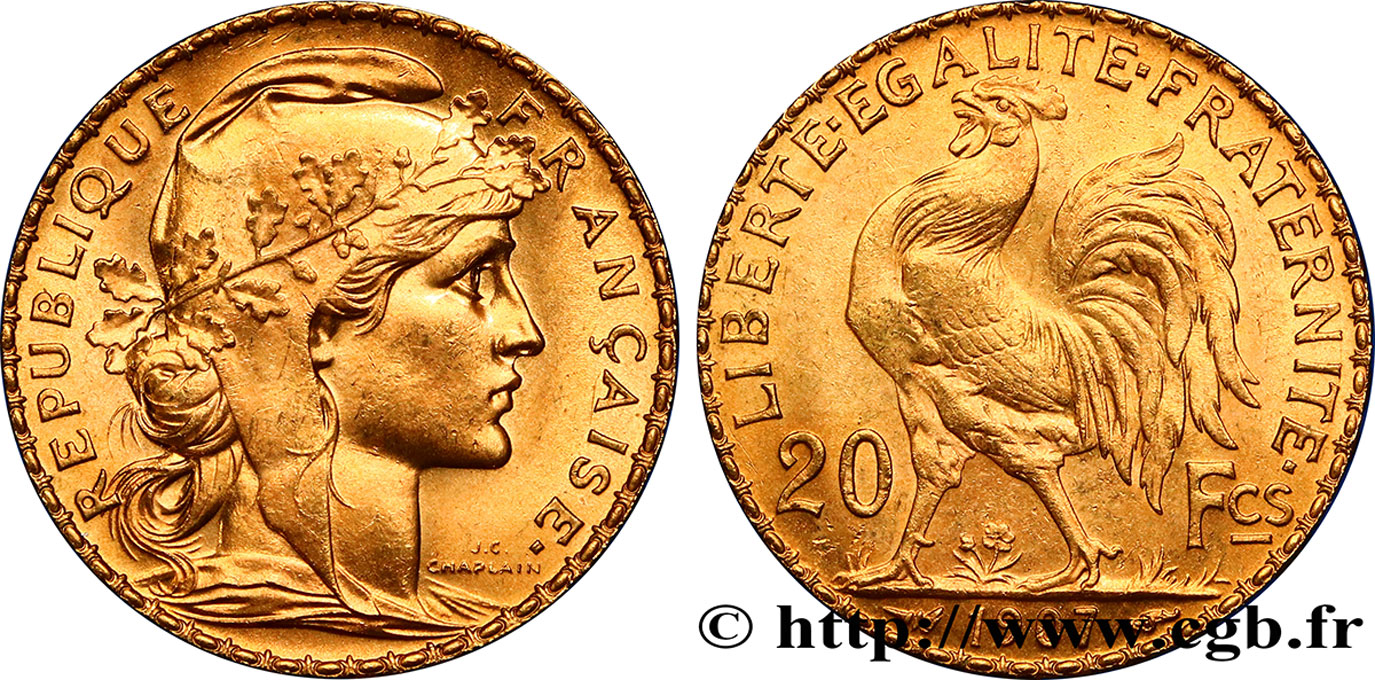 20 francs or Coq, Liberté Égalité Fraternité 1907 Paris F.535/1 SUP62 