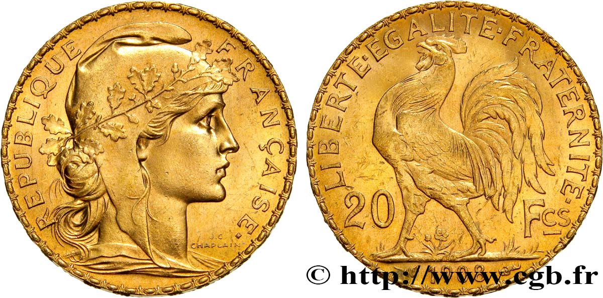 20 francs or Coq, Liberté Égalité Fraternité 1908 Paris F.535/2 SUP62 