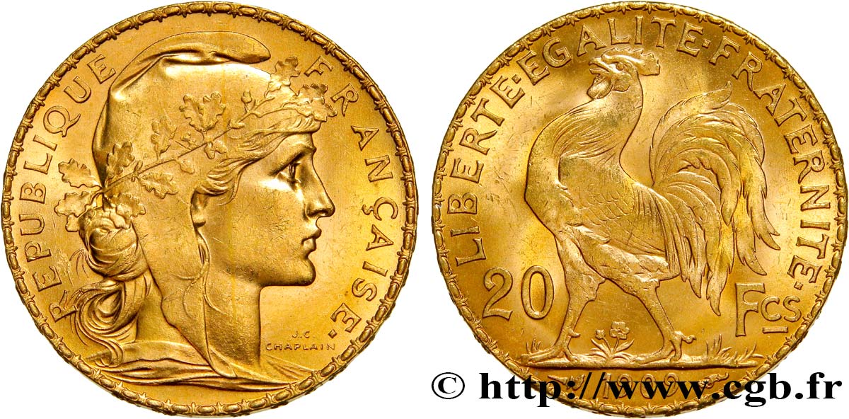 20 francs or Coq, Liberté Égalité Fraternité 1909 Paris F.535/3 SPL63 