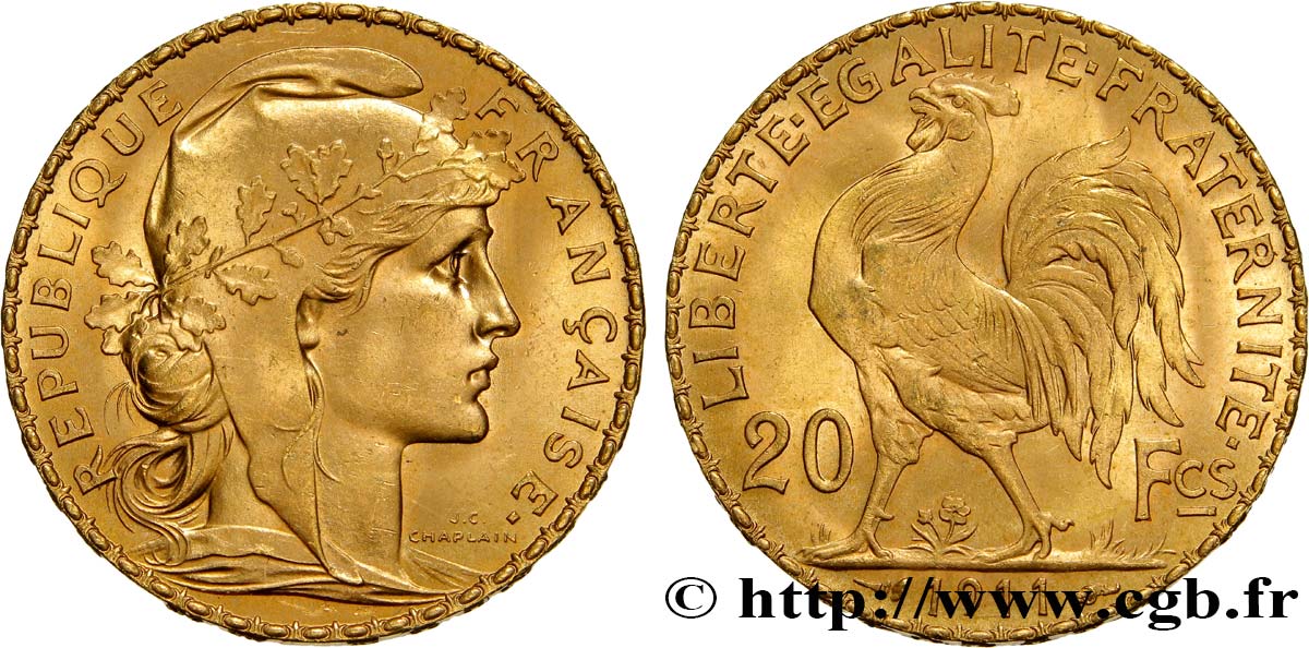 20 francs or Coq, Liberté Égalité Fraternité 1911  F.535/5 SPL63 