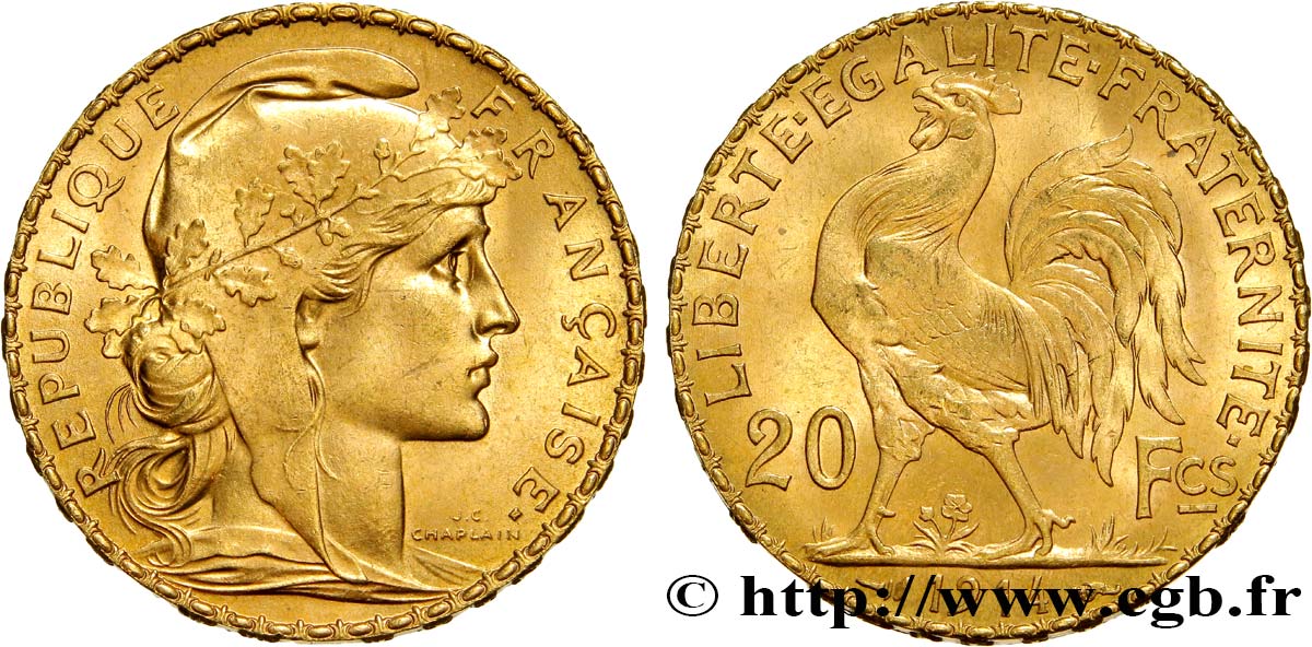 20 francs or Coq, Liberté Égalité Fraternité 1914 Paris F.535/8 SPL63 