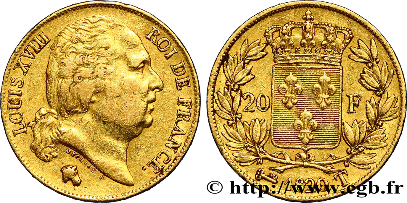 20 francs or Louis XVIII, tête nue 1820 Nantes F.519/22 MBC40 