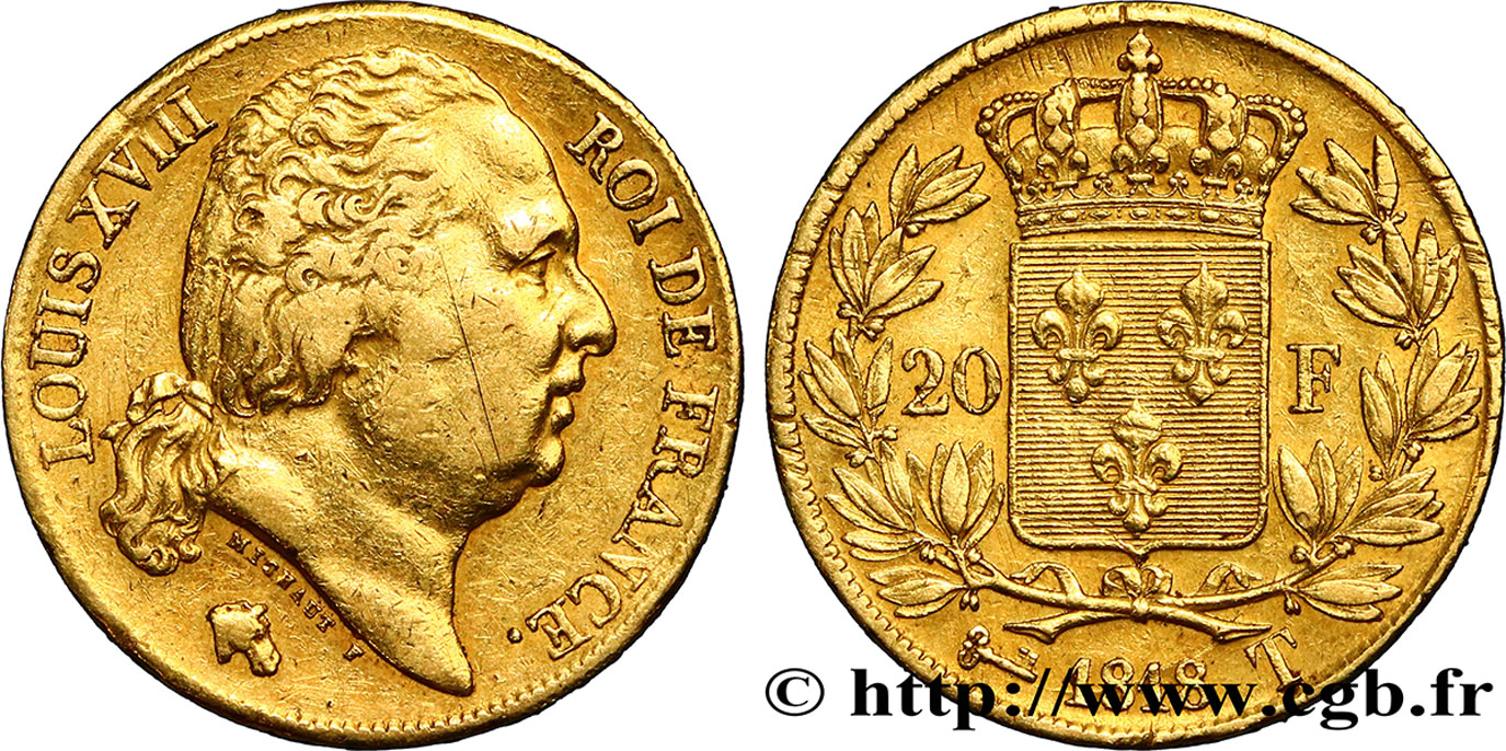 20 francs or Louis XVIII, tête nue 1818 Nantes F.519/13 TB35 