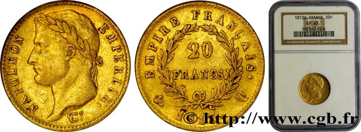 20 francs or Napoléon tête laurée, Empire français 1813 Perpignan F.516/34 XF45 NGC