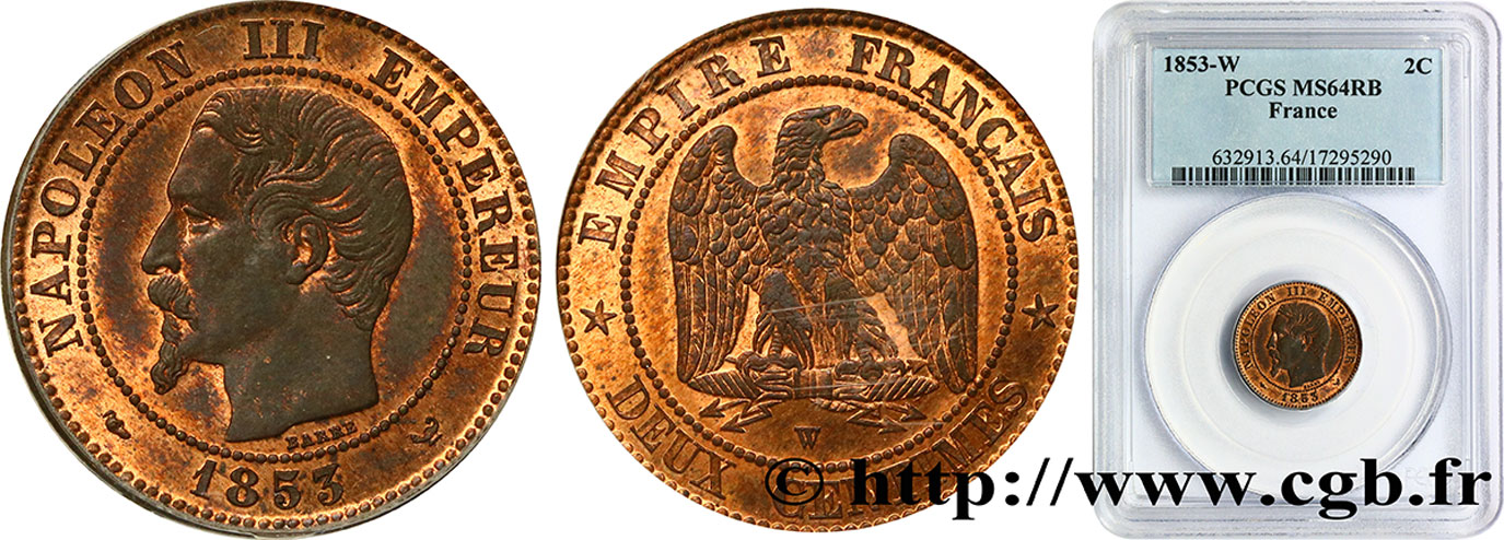 Deux centimes Napoléon III, tête nue 1853 Lille F.107/8 fST64 PCGS