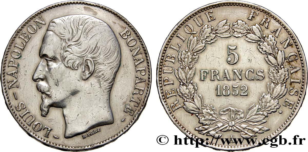 5 francs Louis-Napoléon, 1er type 1852 Paris F.329/1 XF48 