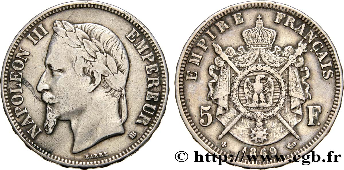 5 francs Napoléon III, tête laurée 1869 Strasbourg F.331/15 TB30 