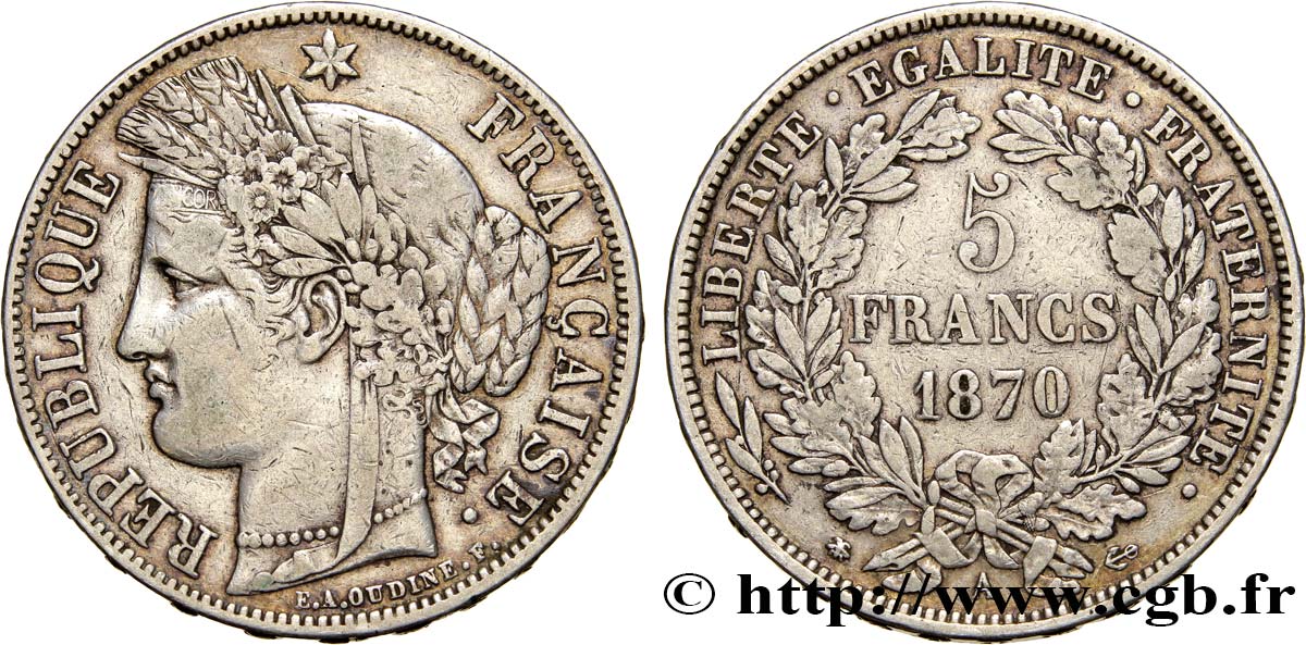 5 francs Cérès, avec légende 1870 Paris F.333/1 S30 