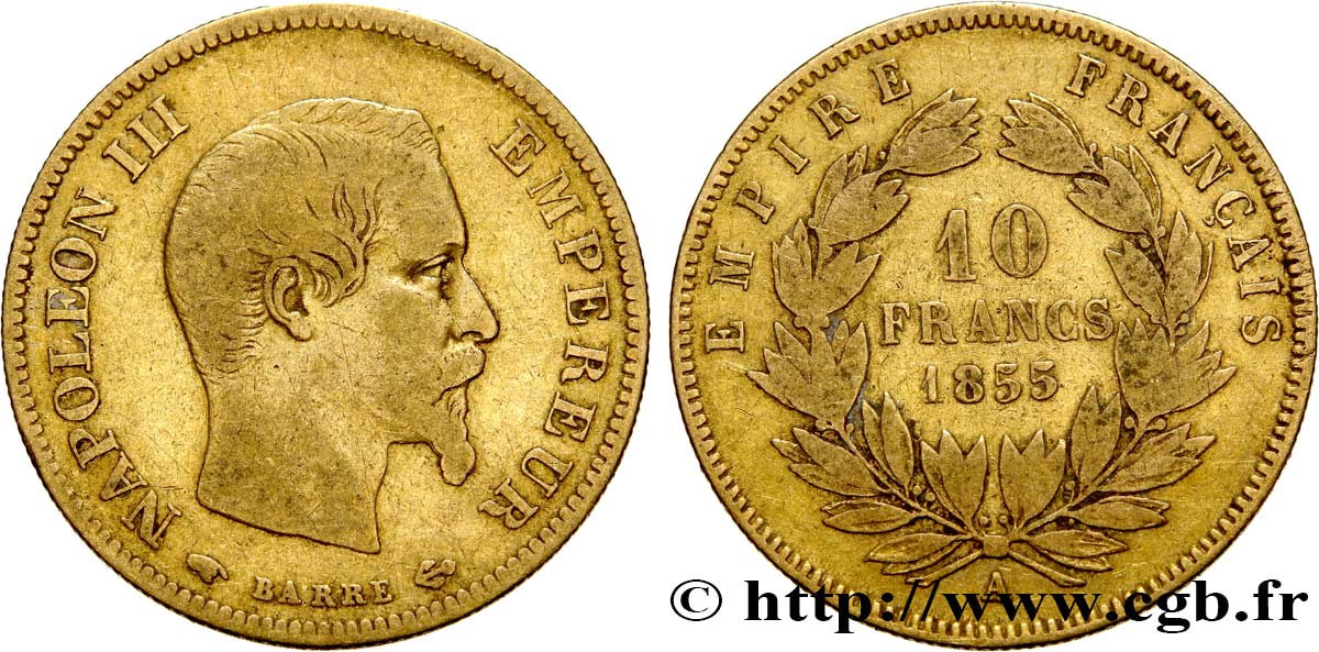 10 francs or Napoléon III, tête nue, grand module 1855 Paris F.506/1 VF30 