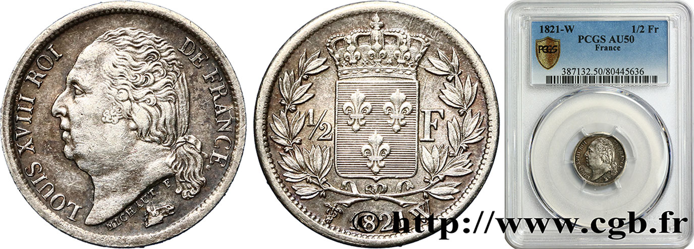 1/2 franc Louis XVIII 1821 Lille F.179/29 AU50 PCGS