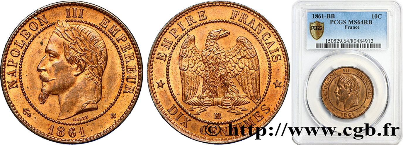 Dix centimes Napoléon III, tête laurée 1861 Strasbourg F.134/5 SC64 PCGS