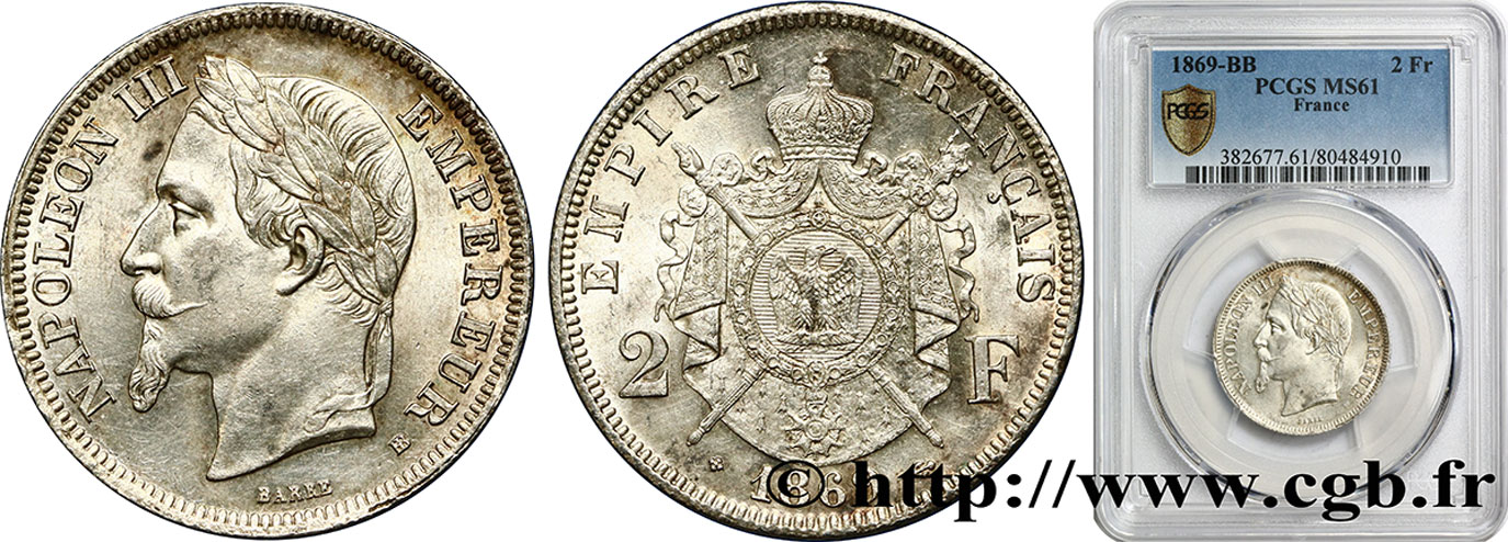 2 francs Napoléon III, tête laurée  1869 Strasbourg F.263/11 SUP61 PCGS