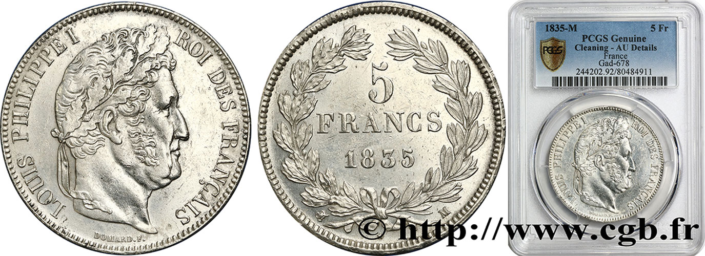 5 francs IIe type Domard 1835 Toulouse F.324/49 AU PCGS