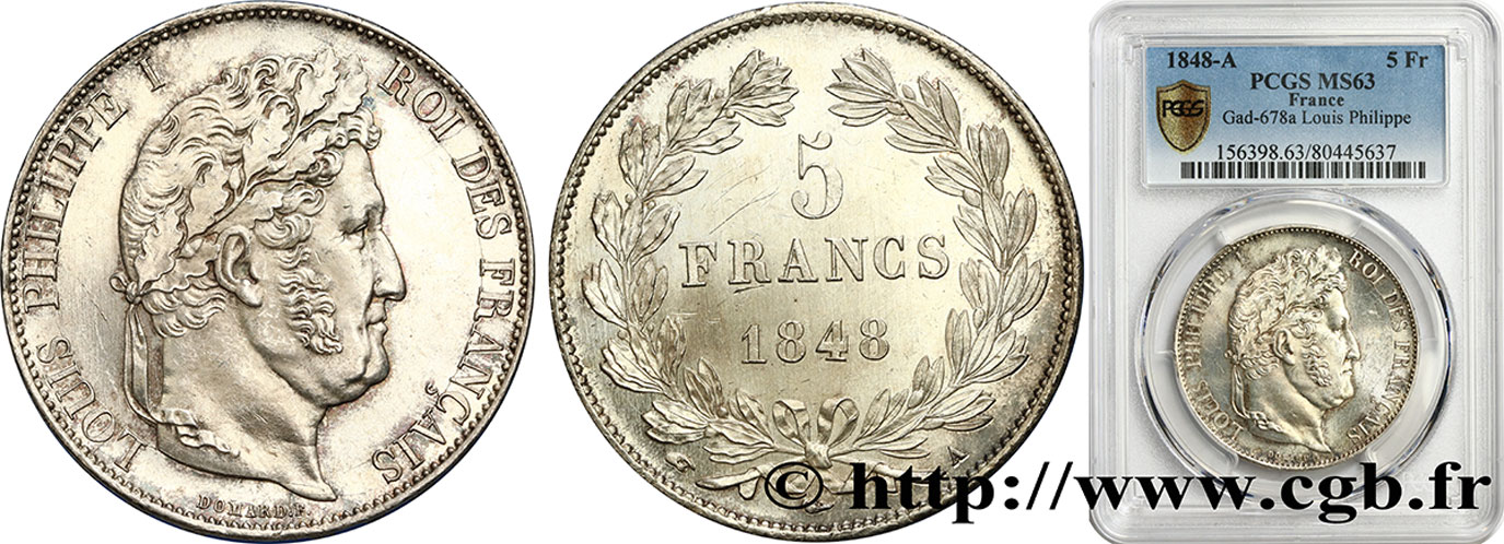 5 francs IIIe type Domard 1848 Paris F.325/17 MS63 PCGS