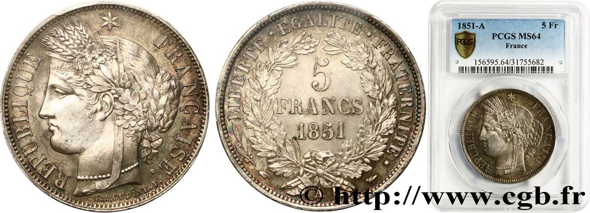 5 francs Cérès, IIe République 1851 Paris F.327/7 SPL64 PCGS