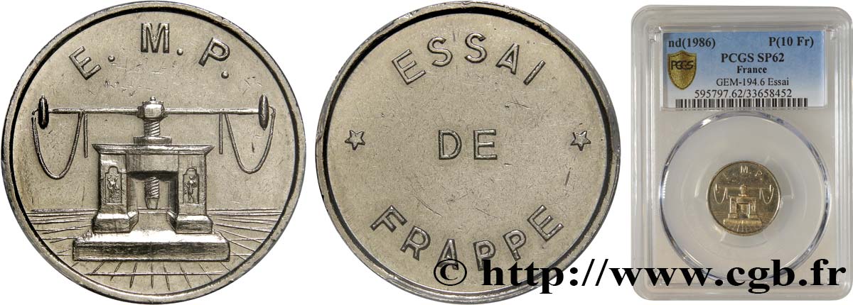 Essai de frappe de 10 francs Jimenez, grand module, cinq séries de cannelures n.d. Pessac GEM.194 6 SPL62 PCGS