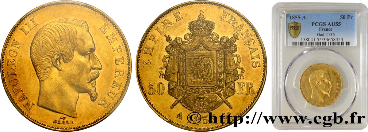 50 francs or Napoléon III, tête nue 1855 Paris F.547/1 SPL55 PCGS