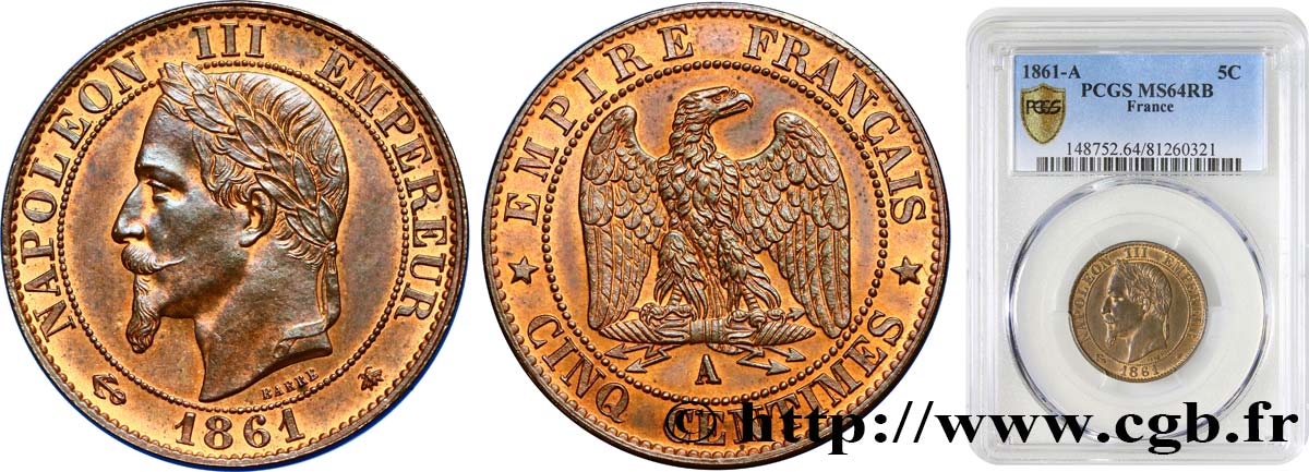 Cinq centimes Napoléon III, tête laurée 1861 Paris F.117/4 fST64 PCGS