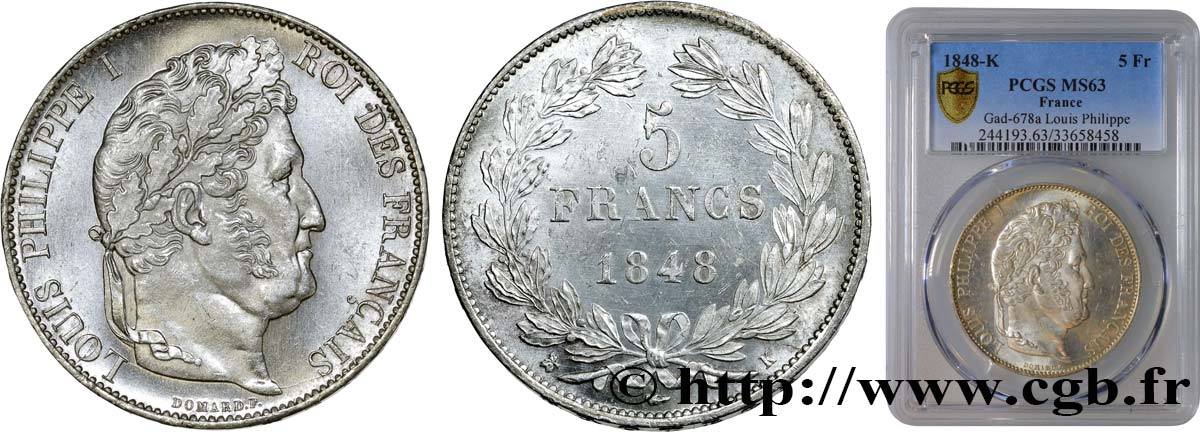 5 francs IIIe type Domard 1848 Bordeaux F.325/19 fST63 PCGS