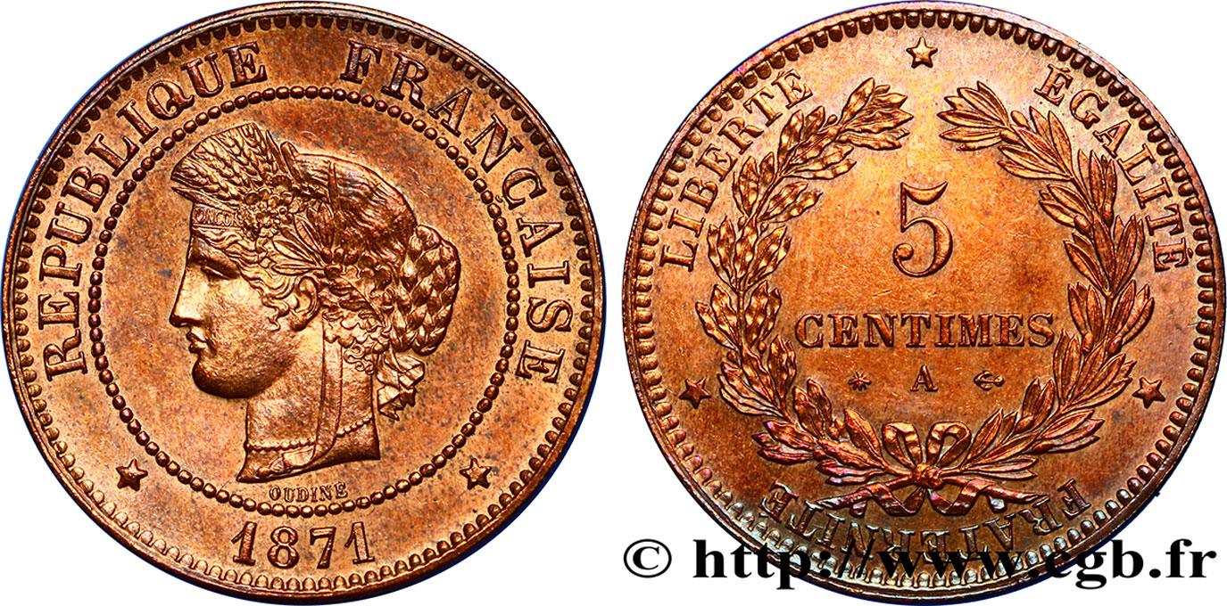5 centimes Cérès 1871  Paris F.118/2 SPL60 