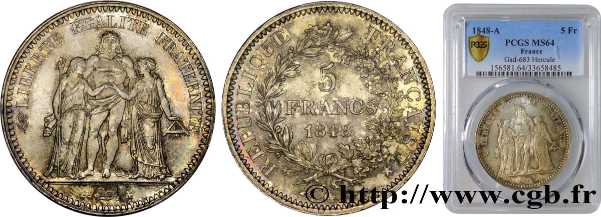 5 francs Hercule, IIe République 1848 Paris F.326/1 SPL64 PCGS