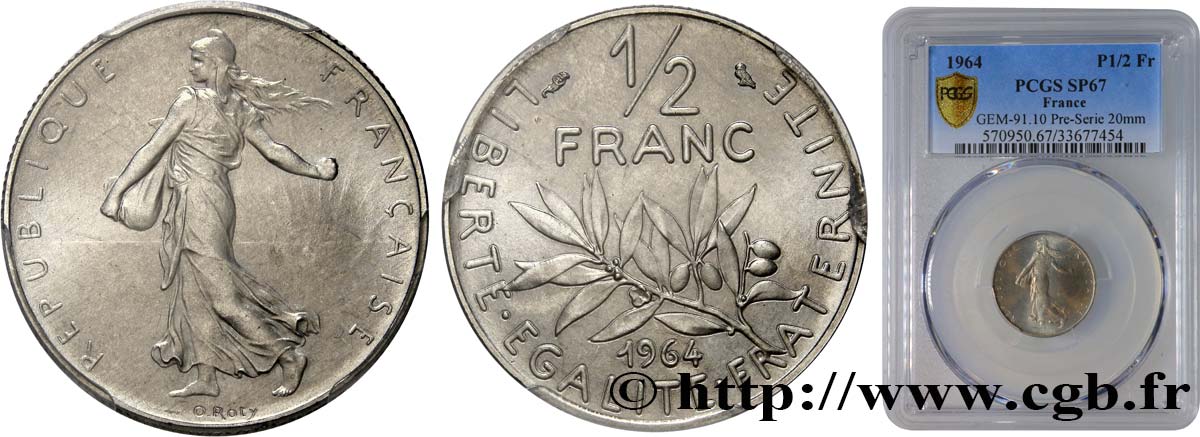 Pré-série d un 1/2 franc Semeuse, grand module 1964 Paris GEM.91 9 MS67 PCGS