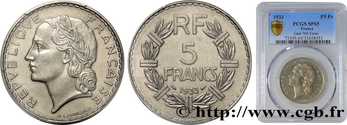 Essai de 5 francs Lavrillier, nickel 1933  F.336/1 ST65 PCGS