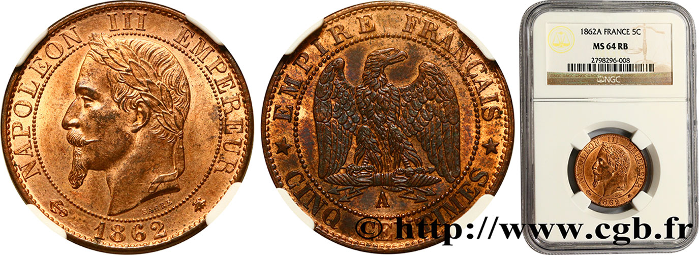 Cinq centimes Napoléon III, tête laurée 1862 Paris F.117/7 SC64 NGC