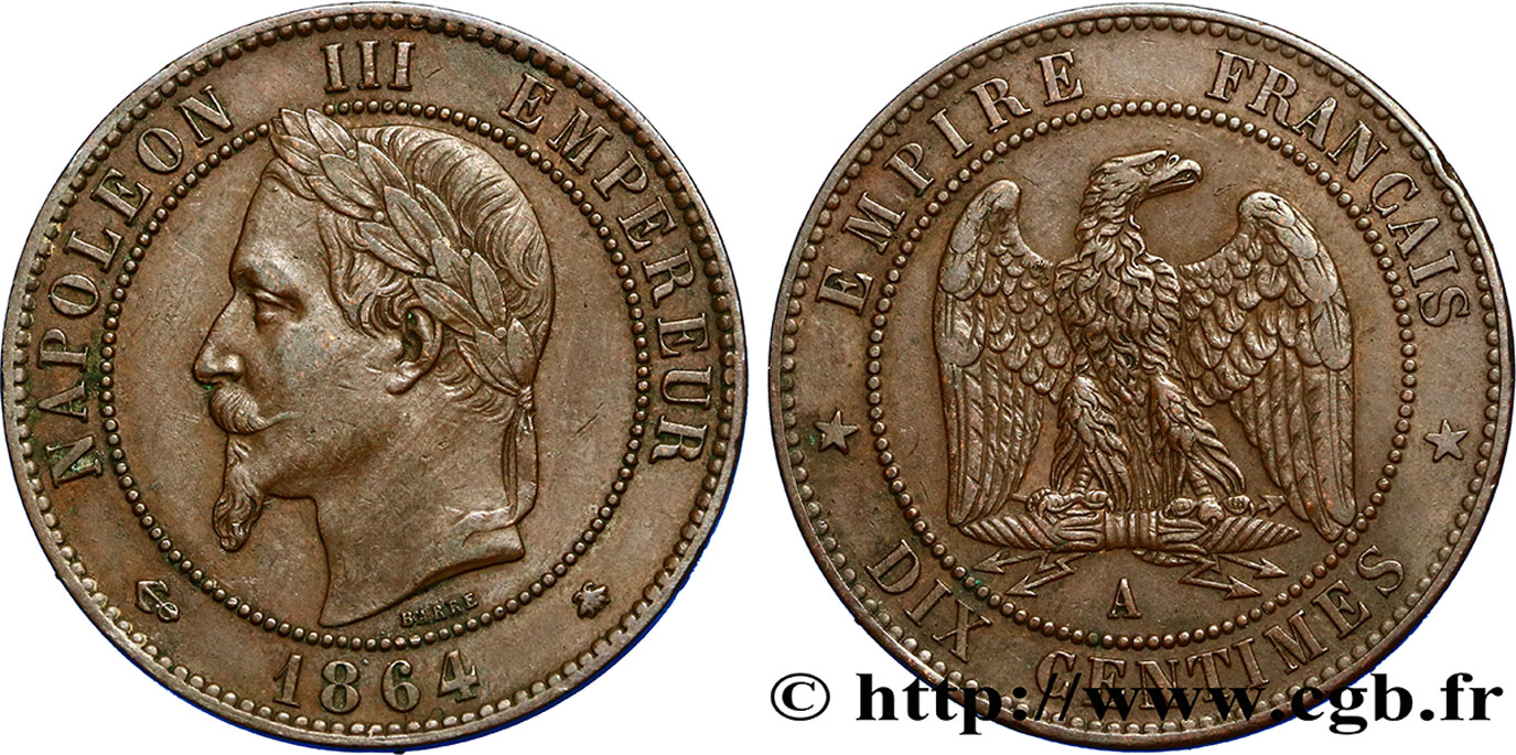 Dix centimes Napoléon III, tête laurée 1864 Paris F.134/13 BB48 