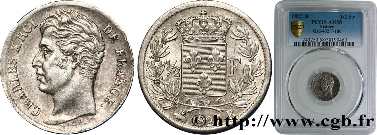 1/2 franc Charles X 1827 Rouen F.180/14 AU58 PCGS