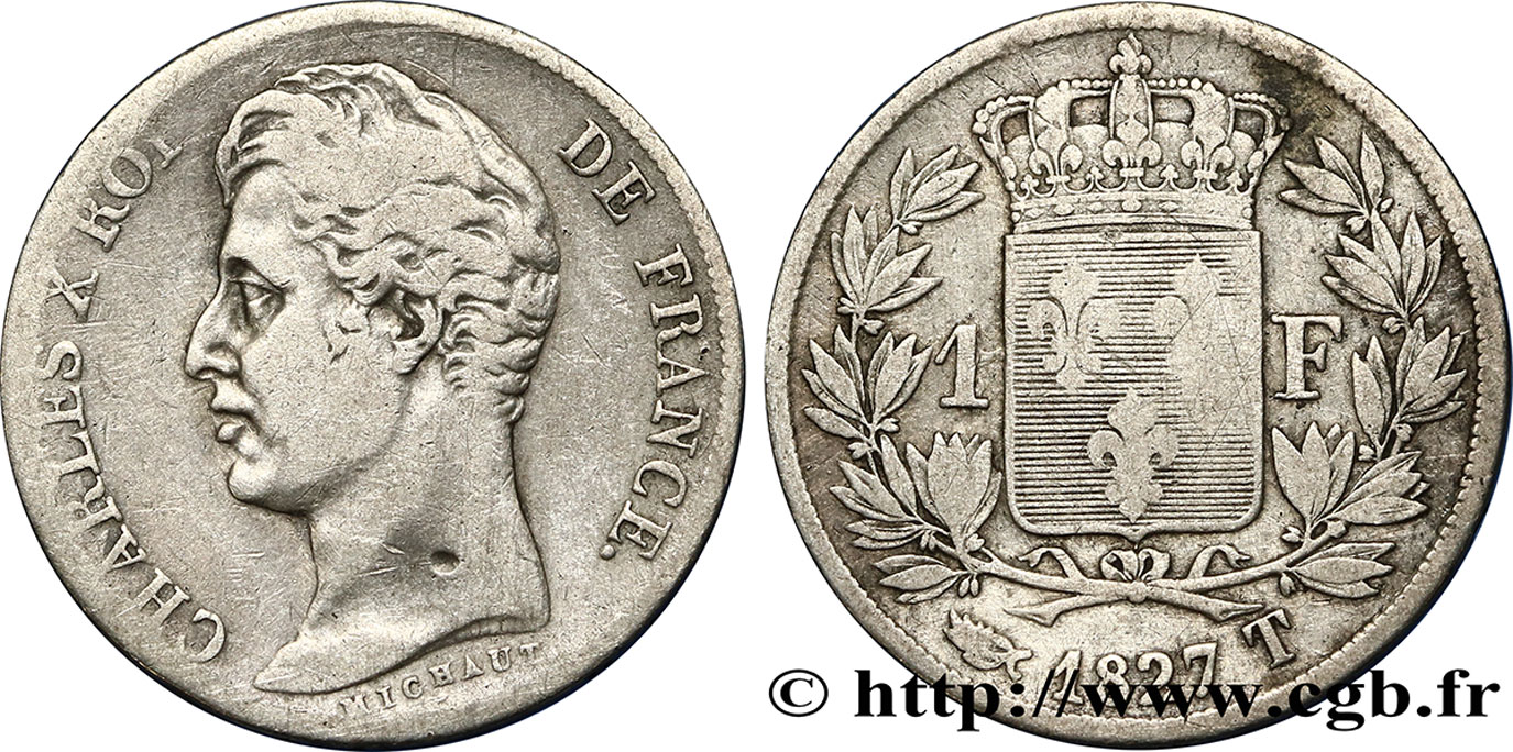 1 franc Charles X, matrice du revers à quatre feuilles 1827 Nantes F.207/35 var. BC20 