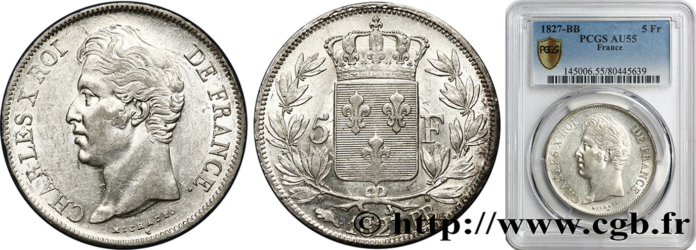 5 francs Charles X, 2e type 1827 Strasbourg F.311/3 EBC55 PCGS