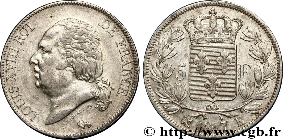 5 francs Louis XVIII, tête nue 1817 Bordeaux F.309/21 TTB48 