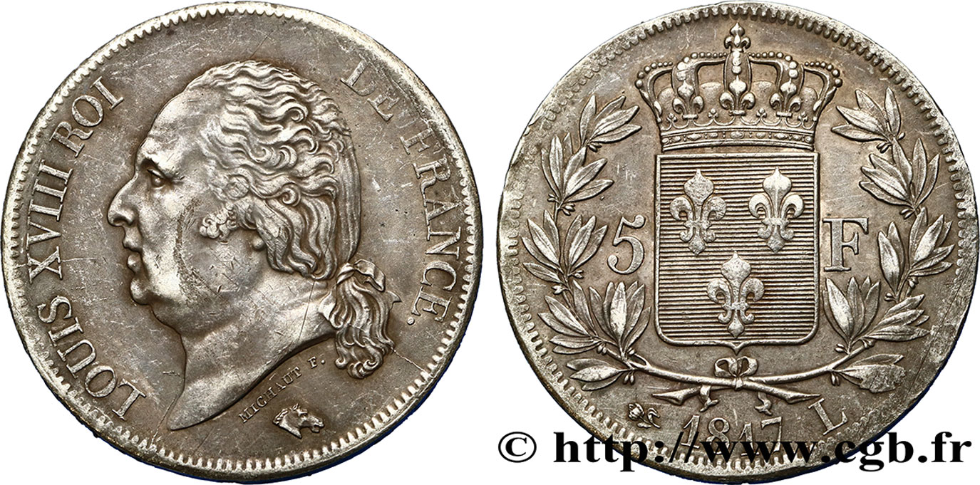 5 francs Louis XVIII, tête nue 1817 Bayonne F.309/22 BB45 