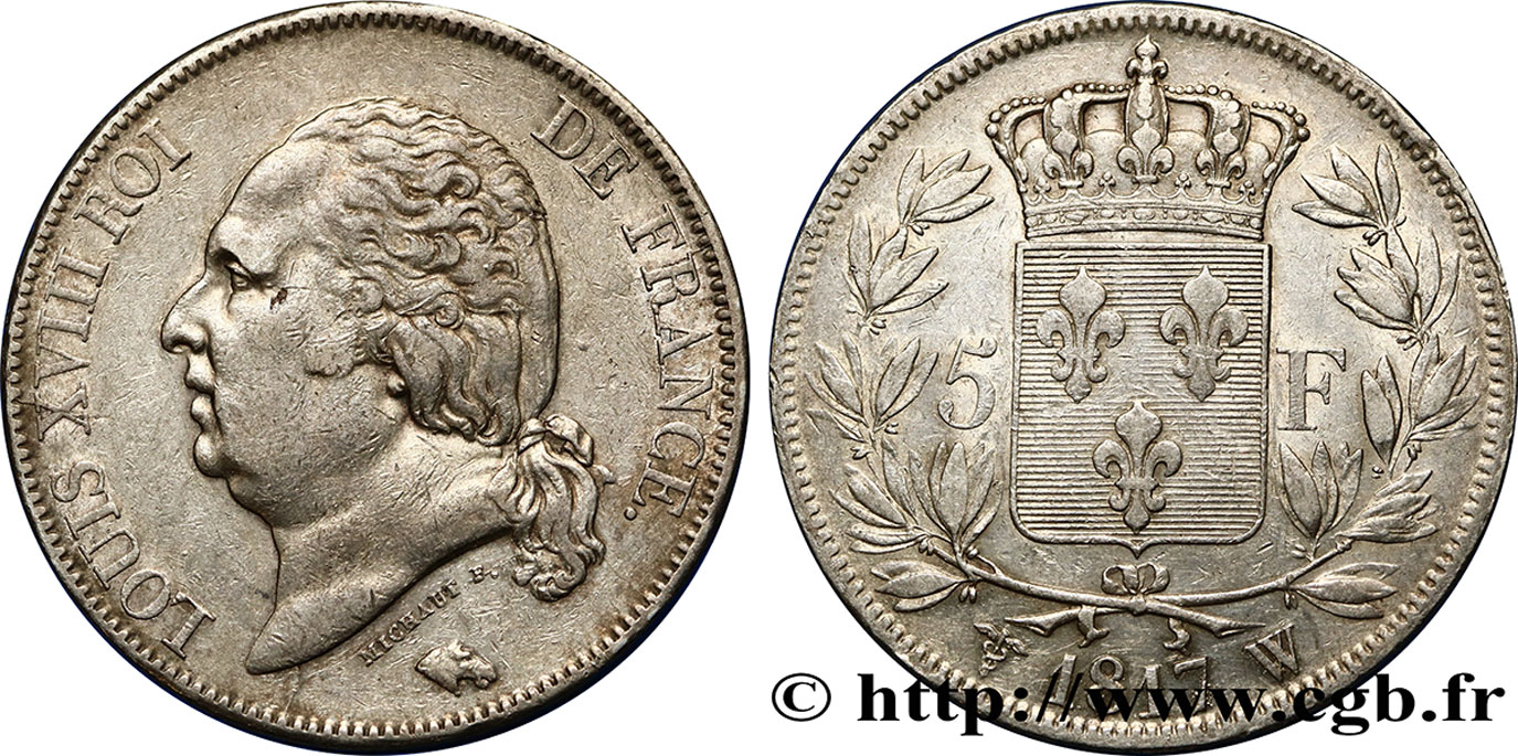 5 francs Louis XVIII, tête nue 1817 Lille F.309/27 XF42 