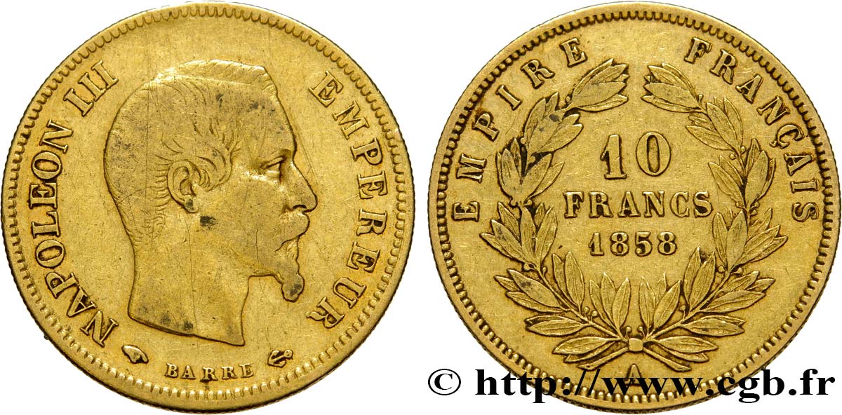 10 francs or Napoléon III, tête nue 1858 Paris F.506/5 VF25 