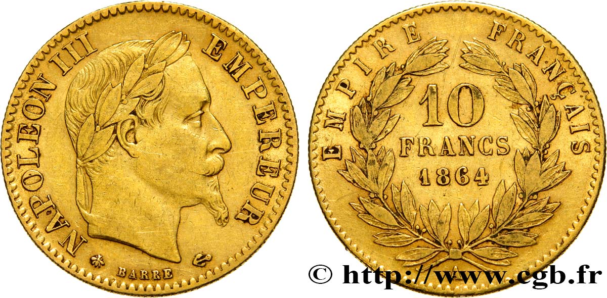 10 francs or Napoléon III, tête laurée, type définitif à grand 10 1864 Paris F.507A/6 TB35 