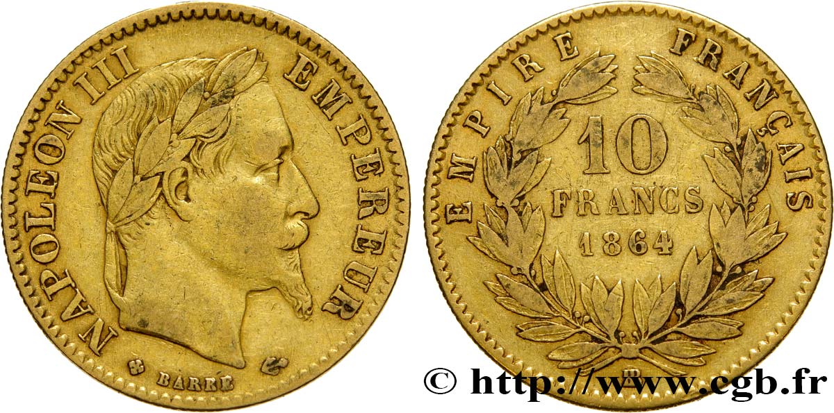 10 francs or Napoléon III, tête laurée 1864 Strasbourg F.507A/7 TB30 