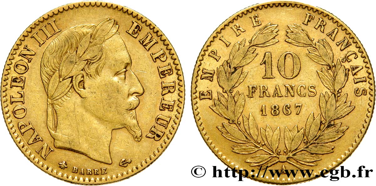 10 francs or Napoléon III, tête laurée 1867 Paris F.507A/15 BC28 